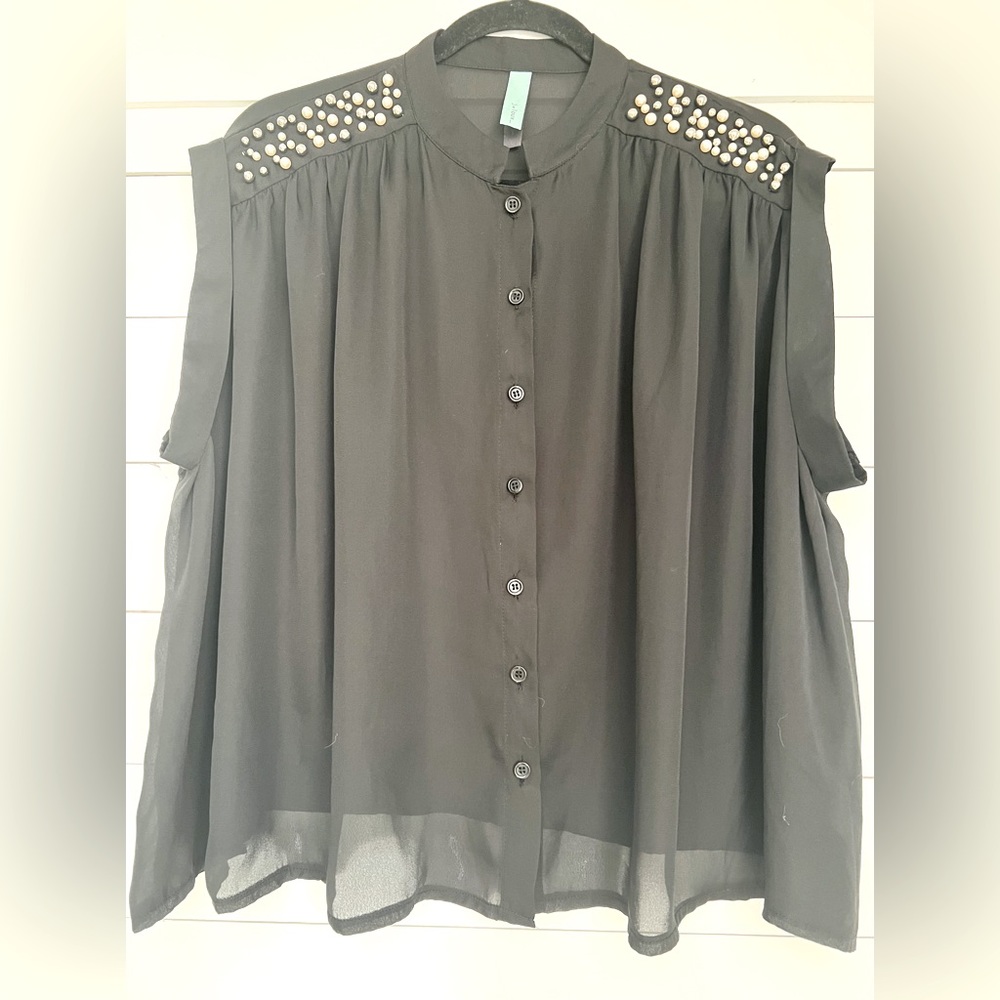 Jaloux black chiffon sleeve blouse. Pearl detail on shoulder. Button front